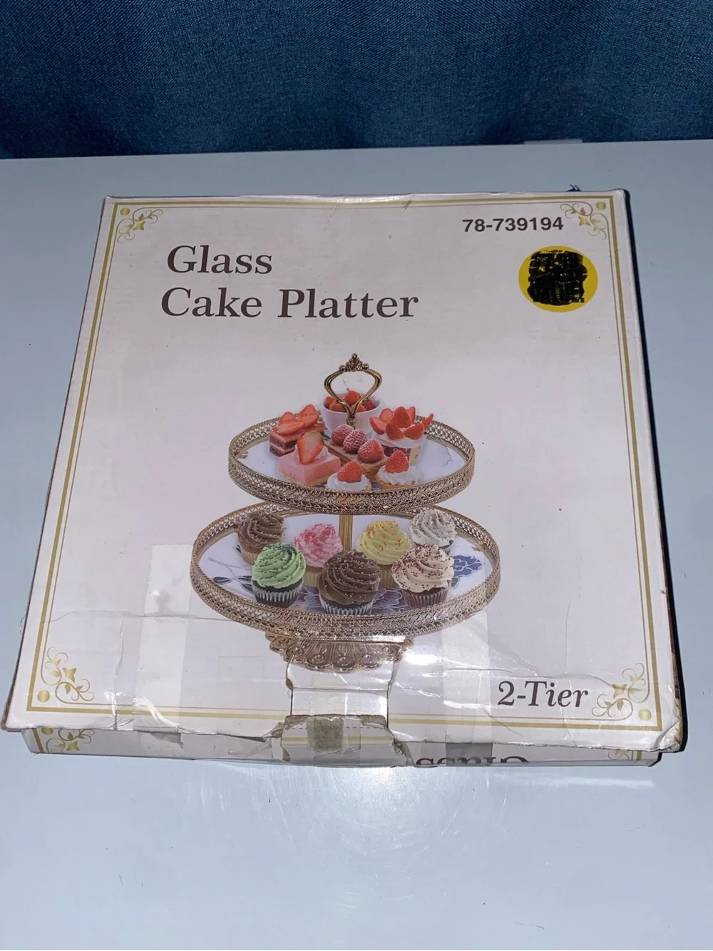 NWT’s 2-Tiered Glass Cake / Cupcakes Platter - Gold Tone Trimming - Picture 3 of 5